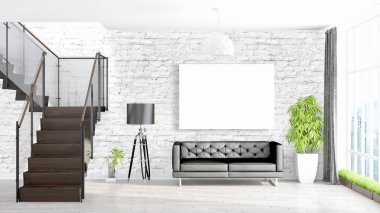 Boş çerçeve ile modern parlak iç. 3D render