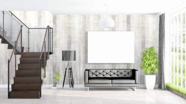 Boş çerçeve ile modern parlak iç. 3D render