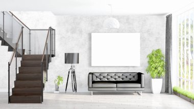 Boş çerçeve ile modern parlak iç. 3D render