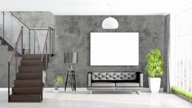 Boş çerçeve ile modern parlak iç. 3D render