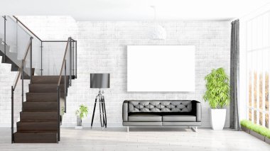 Boş çerçeve ile modern parlak iç. 3D render