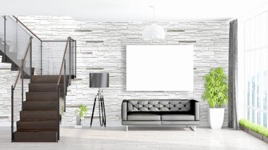 Boş çerçeve ile modern parlak iç. 3D render