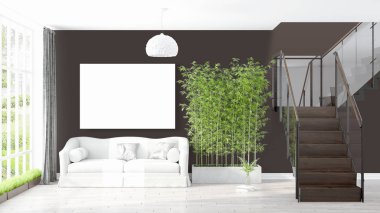 Boş çerçeve ile modern parlak iç. 3D render