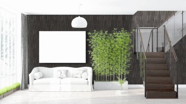 Boş çerçeve ile modern parlak iç. 3D render