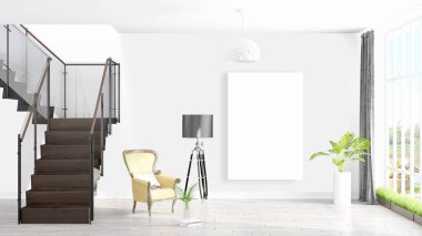 Boş çerçeve ile modern parlak iç. 3D render