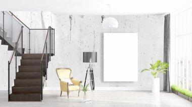 Boş çerçeve ile modern parlak iç. 3D render