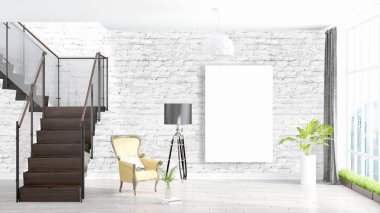 Boş çerçeve ile modern parlak iç. 3D render