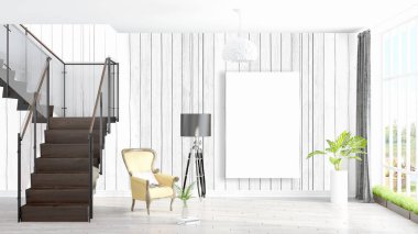 Boş çerçeve ile modern parlak iç. 3D render