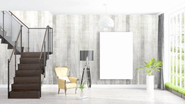 Boş çerçeve ile modern parlak iç. 3D render