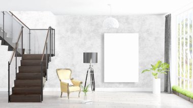 Boş çerçeve ile modern parlak iç. 3D render