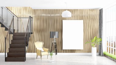 Boş çerçeve ile modern parlak iç. 3D render