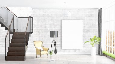 Boş çerçeve ile modern parlak iç. 3D render
