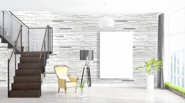 Boş çerçeve ile modern parlak iç. 3D render