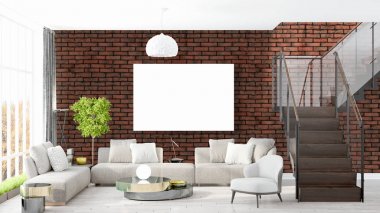 Boş çerçeve ile modern parlak iç. 3D render