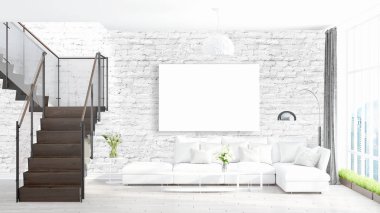 Boş çerçeve ile modern parlak iç. 3D render