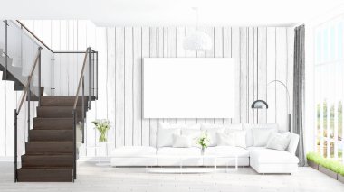 Boş çerçeve ile modern parlak iç. 3D render