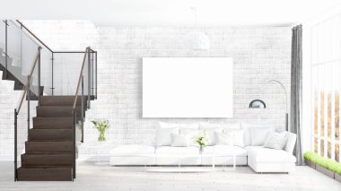 Boş çerçeve ile modern parlak iç. 3D render