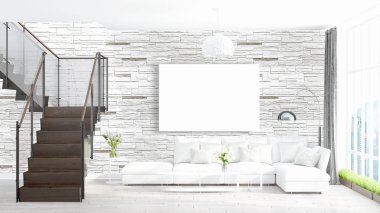 Boş çerçeve ile modern parlak iç. 3D render