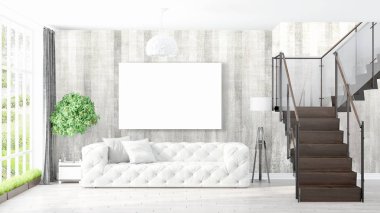 Boş çerçeve ile modern parlak iç. 3D render