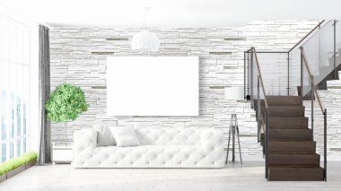 Boş çerçeve ile modern parlak iç. 3D render