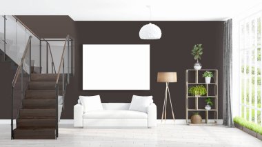 Boş çerçeve ile modern parlak iç. 3D render