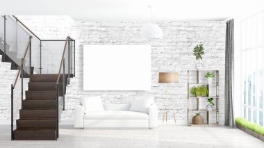 Boş çerçeve ile modern parlak iç. 3D render
