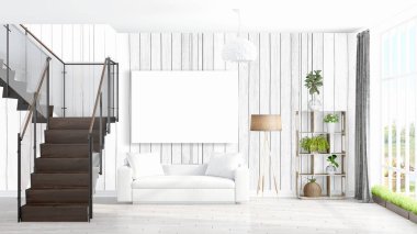 Boş çerçeve ile modern parlak iç. 3D render