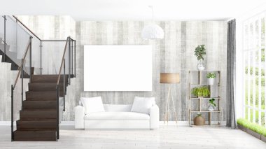 Boş çerçeve ile modern parlak iç. 3D render