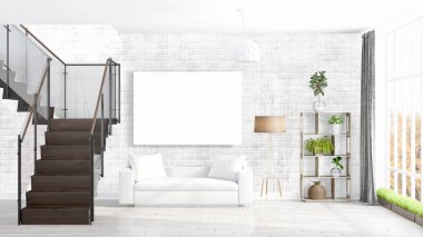 Boş çerçeve ile modern parlak iç. 3D render