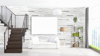 Boş çerçeve ile modern parlak iç. 3D render