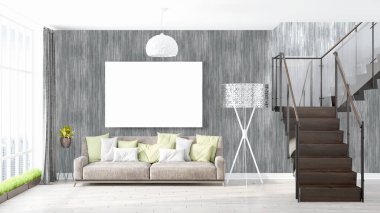 Boş çerçeve ile modern parlak iç. 3D render