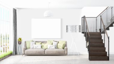 Boş çerçeve ile modern parlak iç. 3D render
