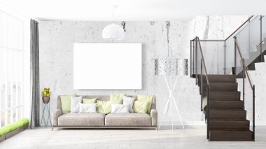 Boş çerçeve ile modern parlak iç. 3D render