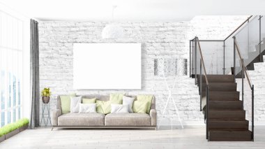 Boş çerçeve ile modern parlak iç. 3D render