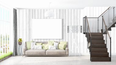 Boş çerçeve ile modern parlak iç. 3D render