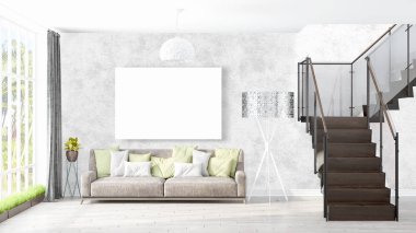 Boş çerçeve ile modern parlak iç. 3D render
