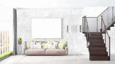 Boş çerçeve ile modern parlak iç. 3D render