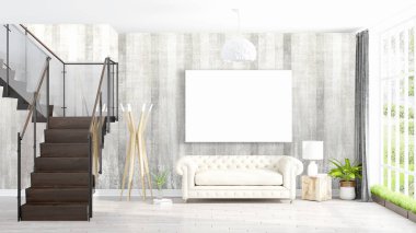 Boş çerçeve ile modern parlak iç. 3D render