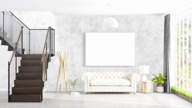 Boş çerçeve ile modern parlak iç. 3D render