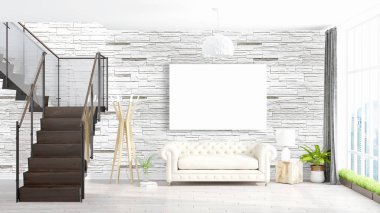 Boş çerçeve ile modern parlak iç. 3D render