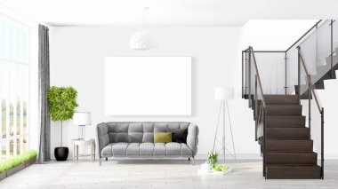 Boş çerçeve ile modern parlak iç. 3D render