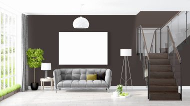 Boş çerçeve ile modern parlak iç. 3D render