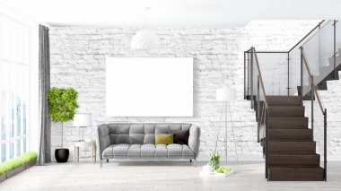 Boş çerçeve ile modern parlak iç. 3D render