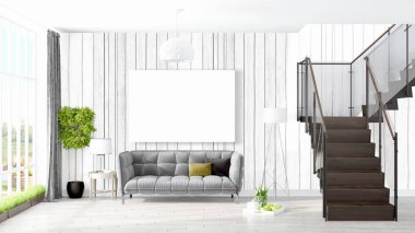 Boş çerçeve ile modern parlak iç. 3D render