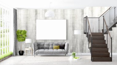 Boş çerçeve ile modern parlak iç. 3D render