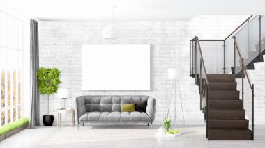 Boş çerçeve ile modern parlak iç. 3D render