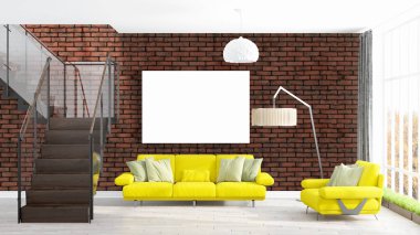 Boş çerçeve ile modern parlak iç. 3D render