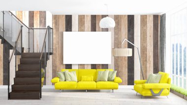 Boş çerçeve ile modern parlak iç. 3D render