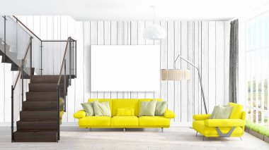 Boş çerçeve ile modern parlak iç. 3D render