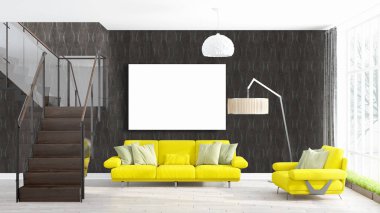 Boş çerçeve ile modern parlak iç. 3D render